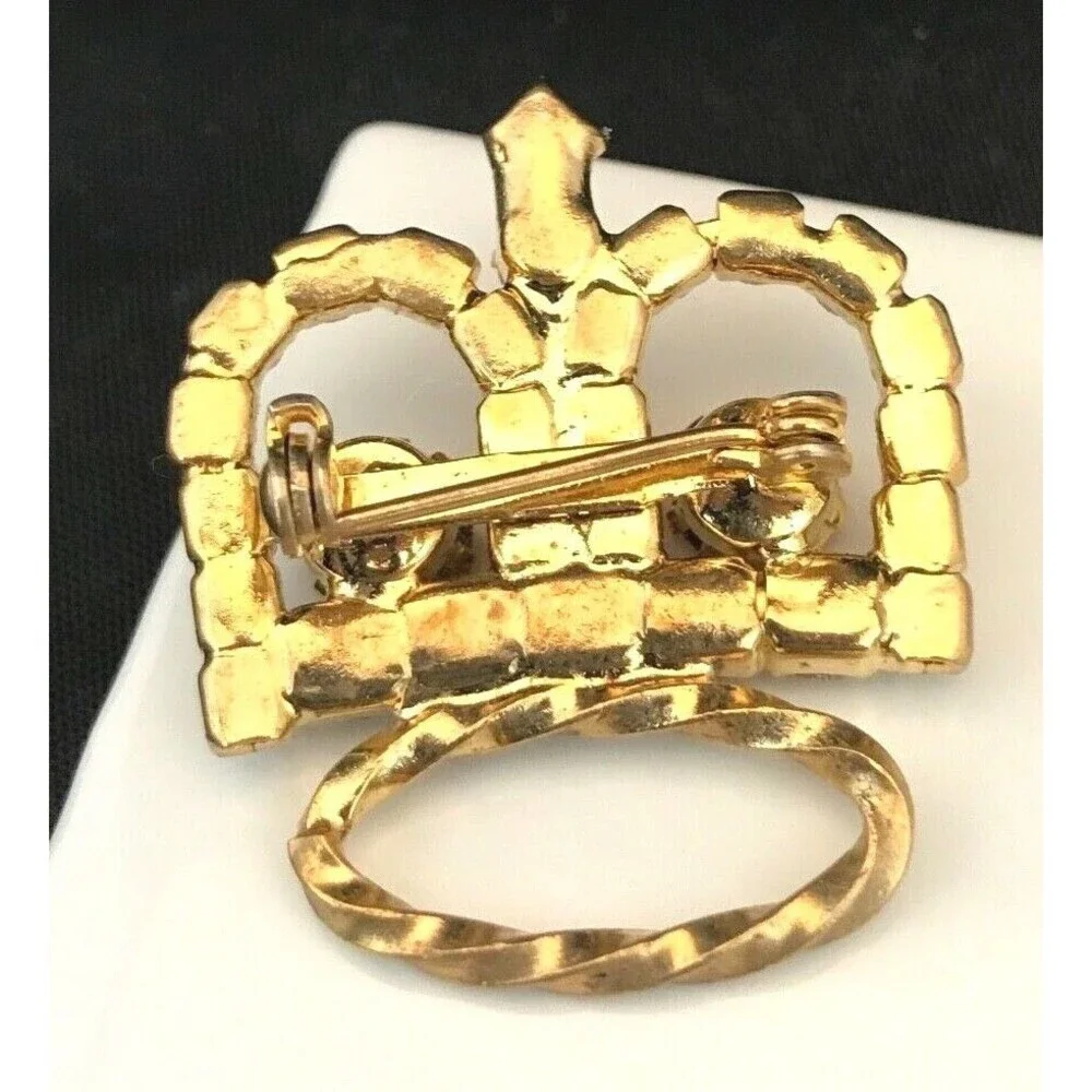 Vintage 1960s Gold Tone Crown Brooch Pink Clear Crystal Pin - 1I